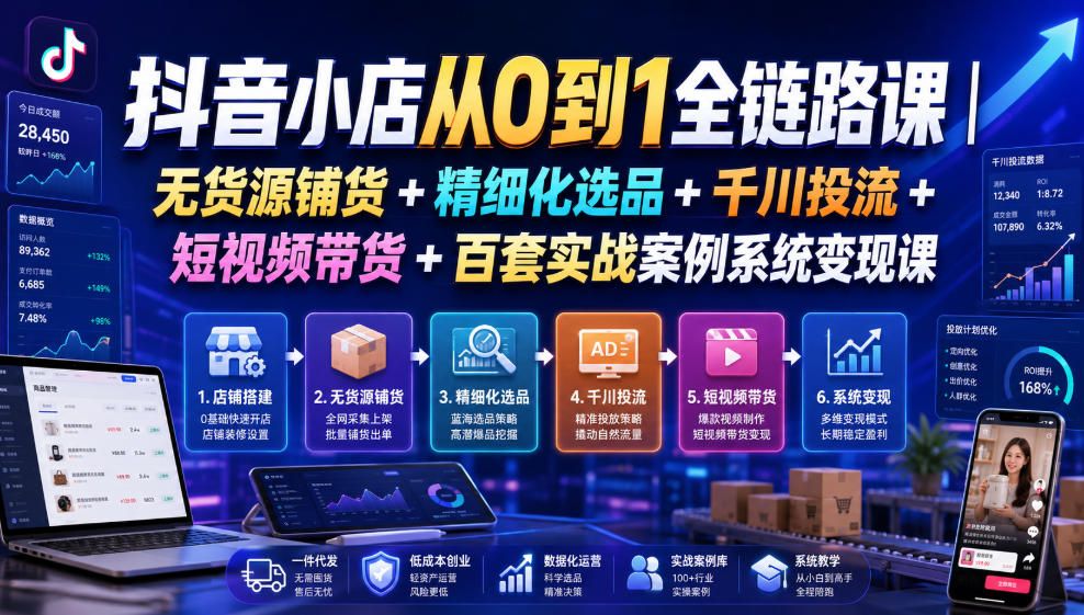抖音小店从0到1全链路课｜无货源铺货+精细化选品+千川投流+短视频带货+百套实战案例系统变现课(2026年7月更新)-悟思笔记，一个低调的学习营。