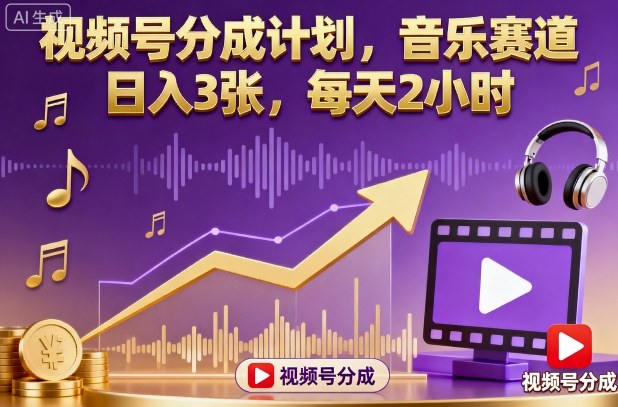 视频号分成计划，音乐赛道，日入3张，每天2小时-悟思笔记，一个低调的学习营。