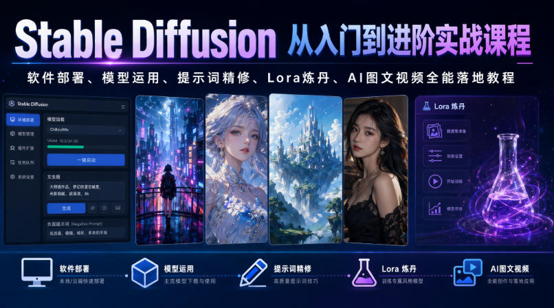Stable Diffusion从入门到进阶实战课程｜软件部署、模型运用、提示词精修、Lora炼丹、AI图文视频全能落地教程-悟思笔记，一个低调的学习营。