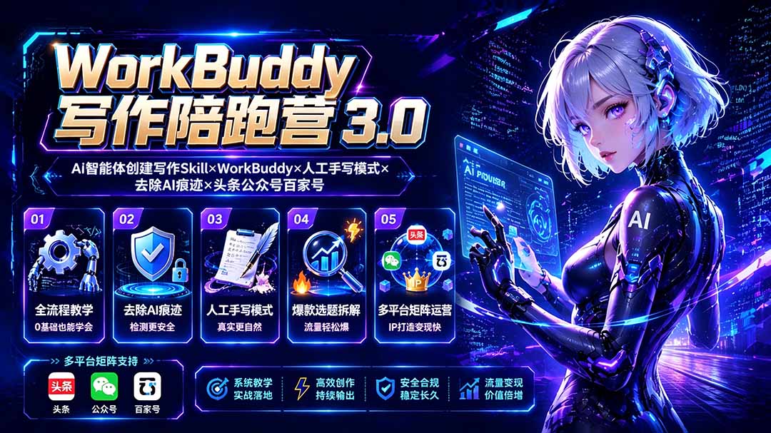 WorkBuddy写作陪跑营3.0-更新：Ai智能体创建写作Skill×WorkBuddy×人工手写模式×去除AI痕迹×头条公众号百家号-悟思笔记，一个低调的学习营。