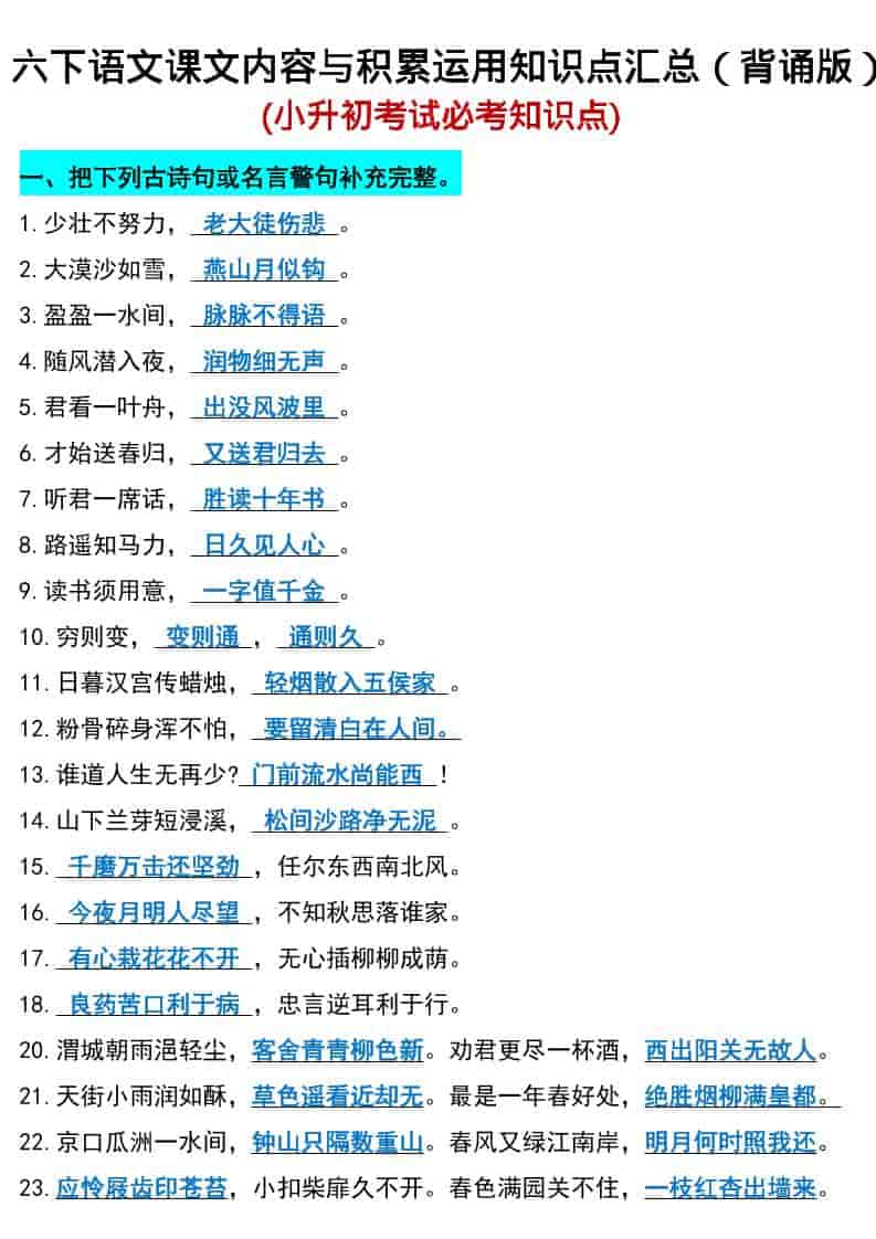 六年级下语文小升初期末必考知识点-悟思笔记，一个低调的学习营。