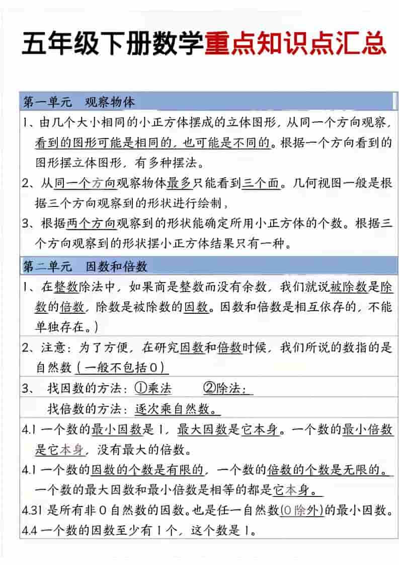 五年级下数学重点知识点汇总-悟思笔记，一个低调的学习营。