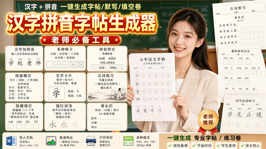 学习神器，汉字拼音字帖生成器，汉字+拼音 一键生成字帖/默写/填空卷，支持词组、成语，老师、家长必备-悟思笔记，一个低调的学习营。