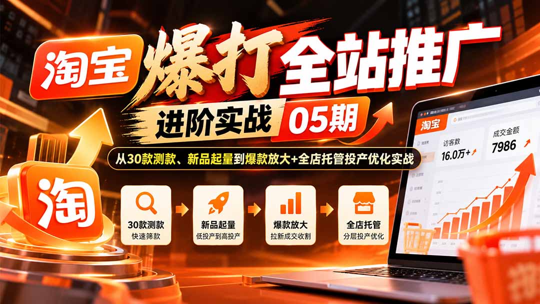 淘宝爆打全站推广进阶实战05期：从30款测款、新品起量到爆款放大+全店托管投产优化实战-悟思笔记，一个低调的学习营。