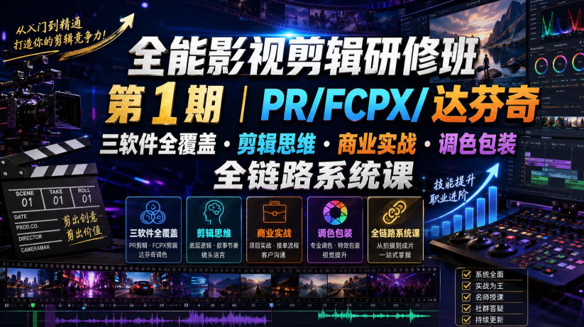 全能影视剪辑研修班第1期｜PR/FCPX/达芬奇三软件全覆盖・剪辑思维・商业实战・调色包装全链路系统课-悟思笔记，一个低调的学习营。