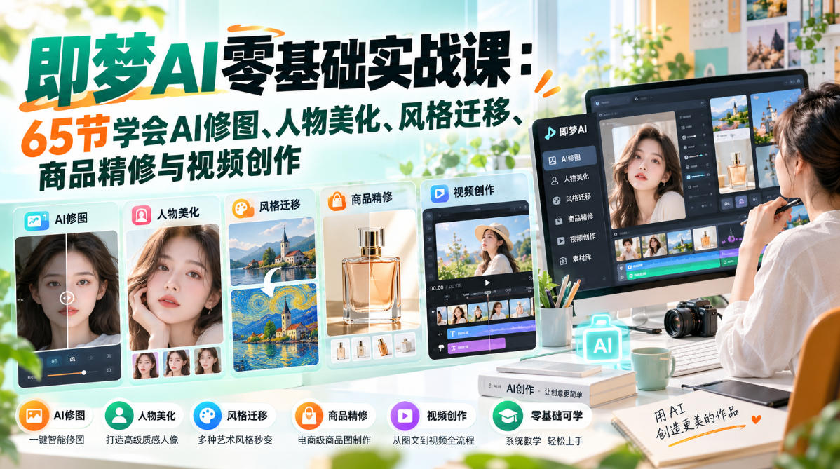即梦AI零基础实战课：65节学会AI修图、人物美化、风格迁移、商品精修与视频创作-悟思笔记，一个低调的学习营。