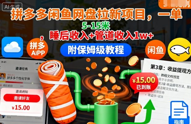 拼多多闲鱼网盘拉新项目，一单5-15米，睡后收入+管道收入1w+(附保姆级教程)-悟思笔记，一个低调的学习营。