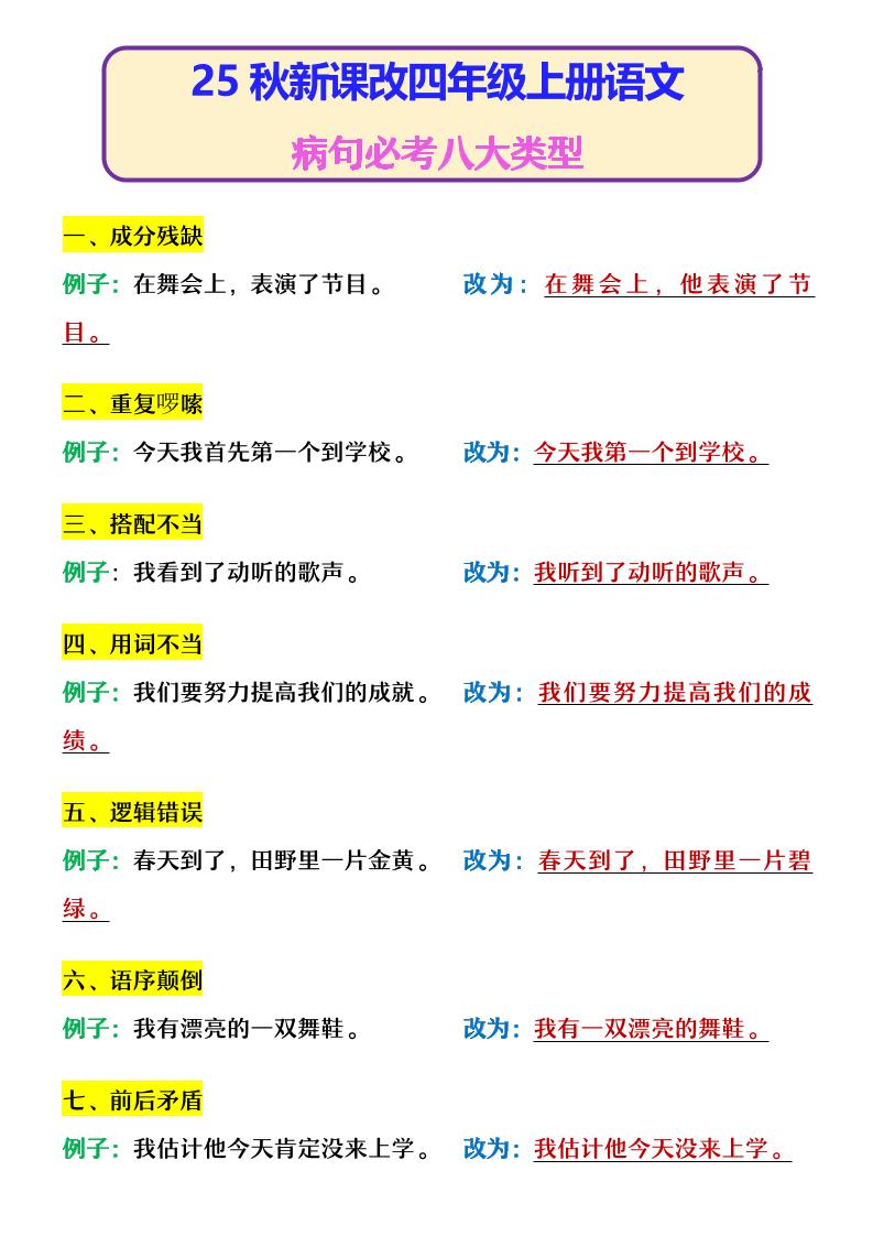 【2025秋新版】四年级上册语文病句必考八大类型-悟思笔记，一个低调的学习营。