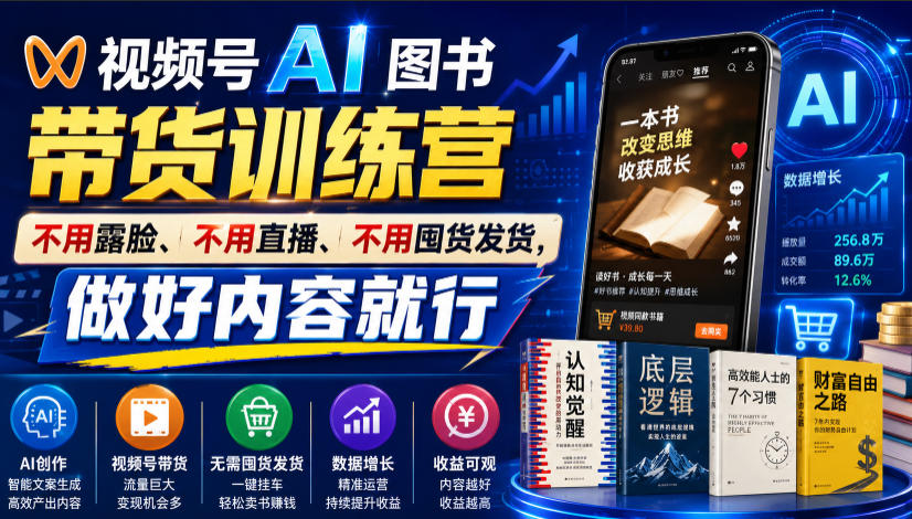 视频号AI图书带货训练营，不用露脸、不用直播、不用囤货发货，做好内容就行，一条爆款视频佣金8942-悟思笔记，一个低调的学习营。