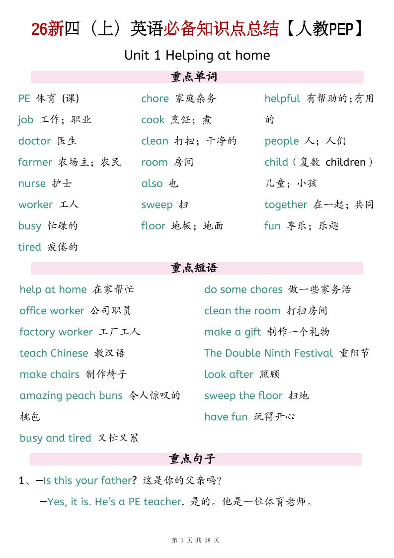 26新四上英语必背知识点总结《人教PEP版》-悟思笔记，一个低调的学习营。
