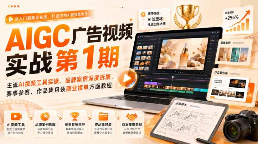 AIGC广告视频实战第1期，主流AI视频工具实操、品牌案例深度拆解、赛事参赛、作品集包装商业接单方面教程-悟思笔记，一个低调的学习营。