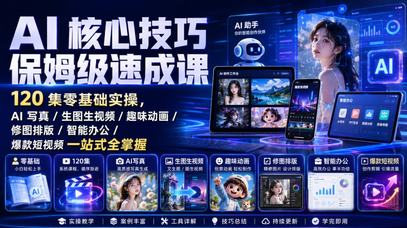 AI核心技巧保姆级速成课｜120集零基础实操，AI写真/生图生视频/趣味动画/修图排版/智能办公/爆款短视频一站式全掌握(更新)-悟思笔记，一个低调的学习营。