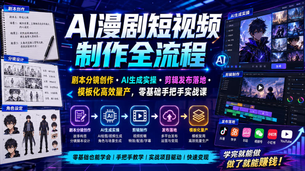 AI漫剧短视频制作全流程｜剧本分镜创作・AI生成实操・剪辑发布落地・模板化高效量产，零基础手把手实战课-悟思笔记，一个低调的学习营。