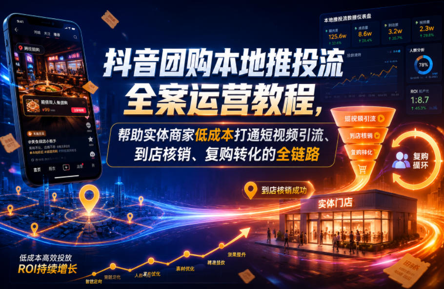 抖音团购本地推投流全案运营教程，帮助实体商家低成本打通短视频引流、到店核销、复购转化的全链路-悟思笔记，一个低调的学习营。
