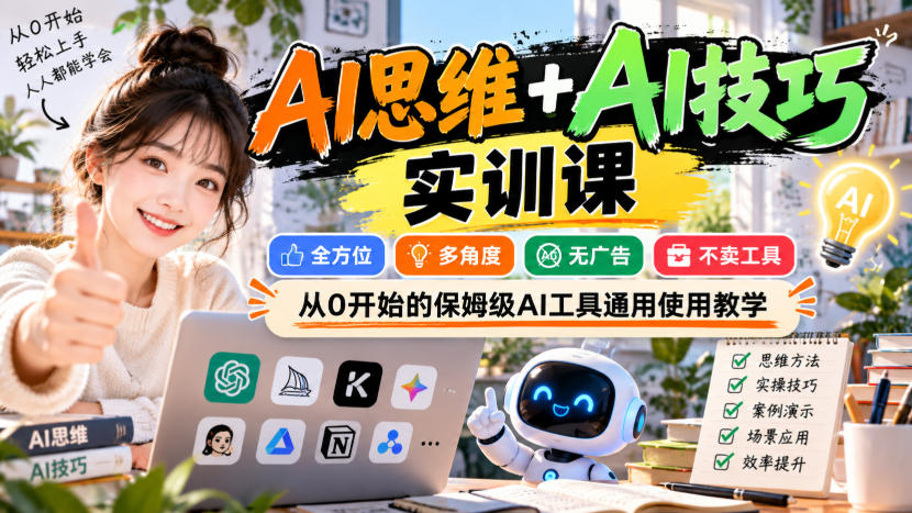【无水印】AI思维+AI技巧实训课，全方位、多角度、无广告、不卖工具，从0开始的保姆级AI工具通用使用教学-悟思笔记，一个低调的学习营。