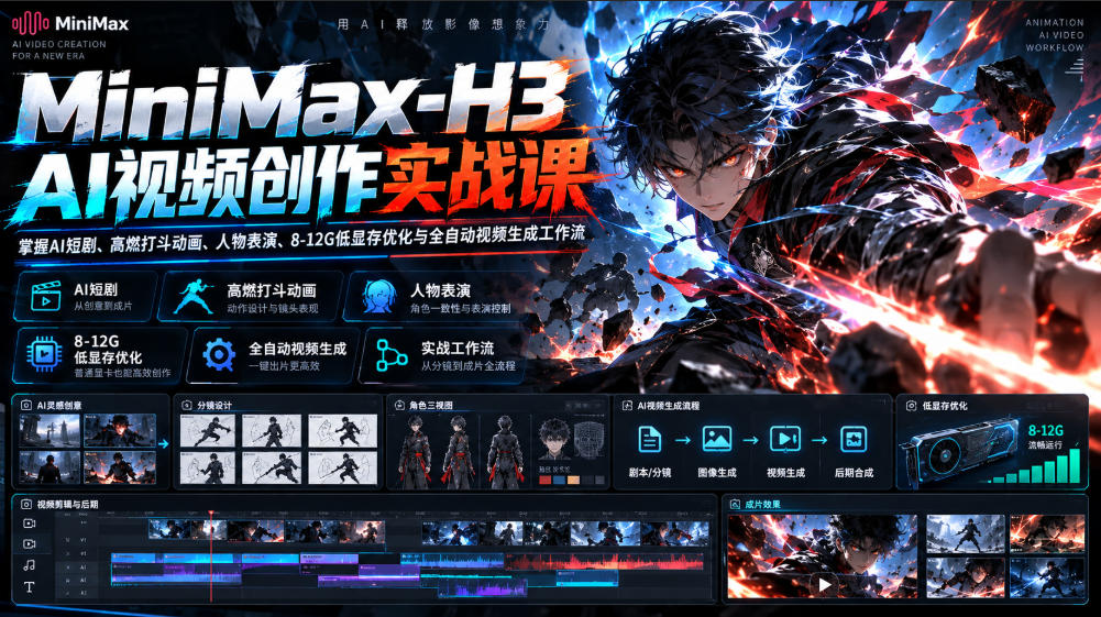MiniMax-H3 AI视频创作实战课，掌握AI短剧、高燃打斗动画、人物表演、8-12G低显存优化与全自动视频生成工作流-悟思笔记，一个低调的学习营。