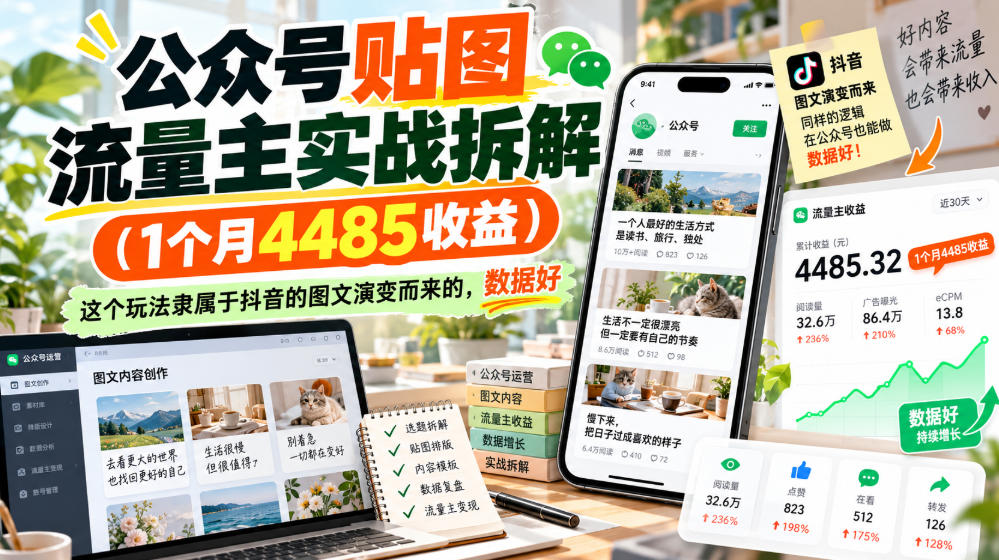 公众号贴图流量主实战拆解(1个月4485收益)，这个玩法隶属于抖音的图文演变而来的，数据好-悟思笔记，一个低调的学习营。