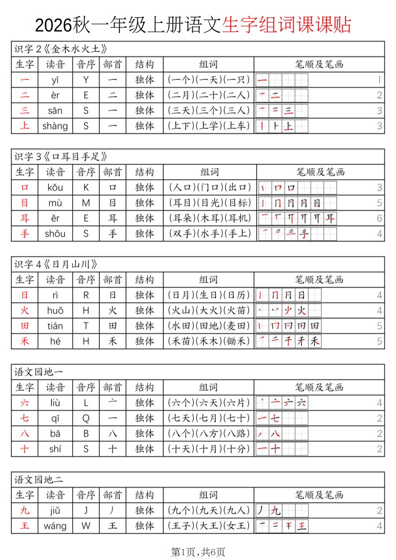 2026秋一上语文暑假预习《生字组词课课贴》-悟思笔记，一个低调的学习营。