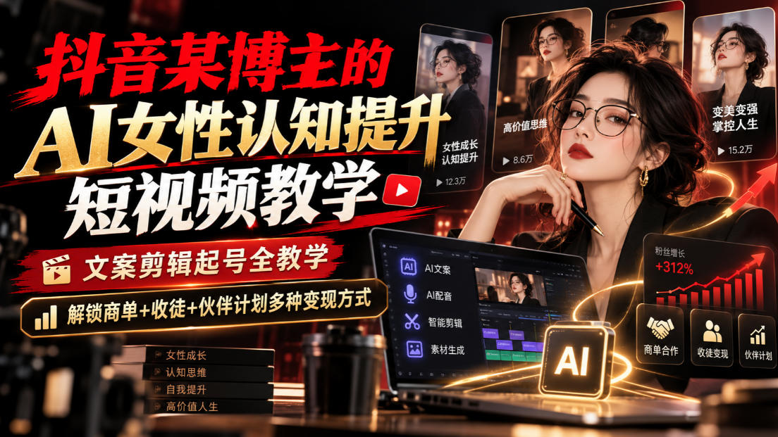 抖音某博主的Ai女性认知提升短视频教学，文案剪辑起号全教学，解锁商单+收徒+伙伴计划多种变现方式-悟思笔记，一个低调的学习营。