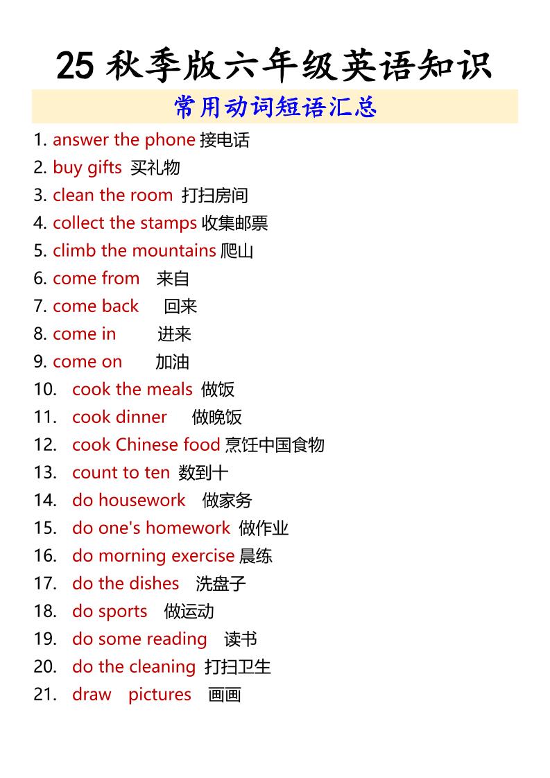 【2025秋新版】六年级上册英语常用动词短语汇总-悟思笔记，一个低调的学习营。