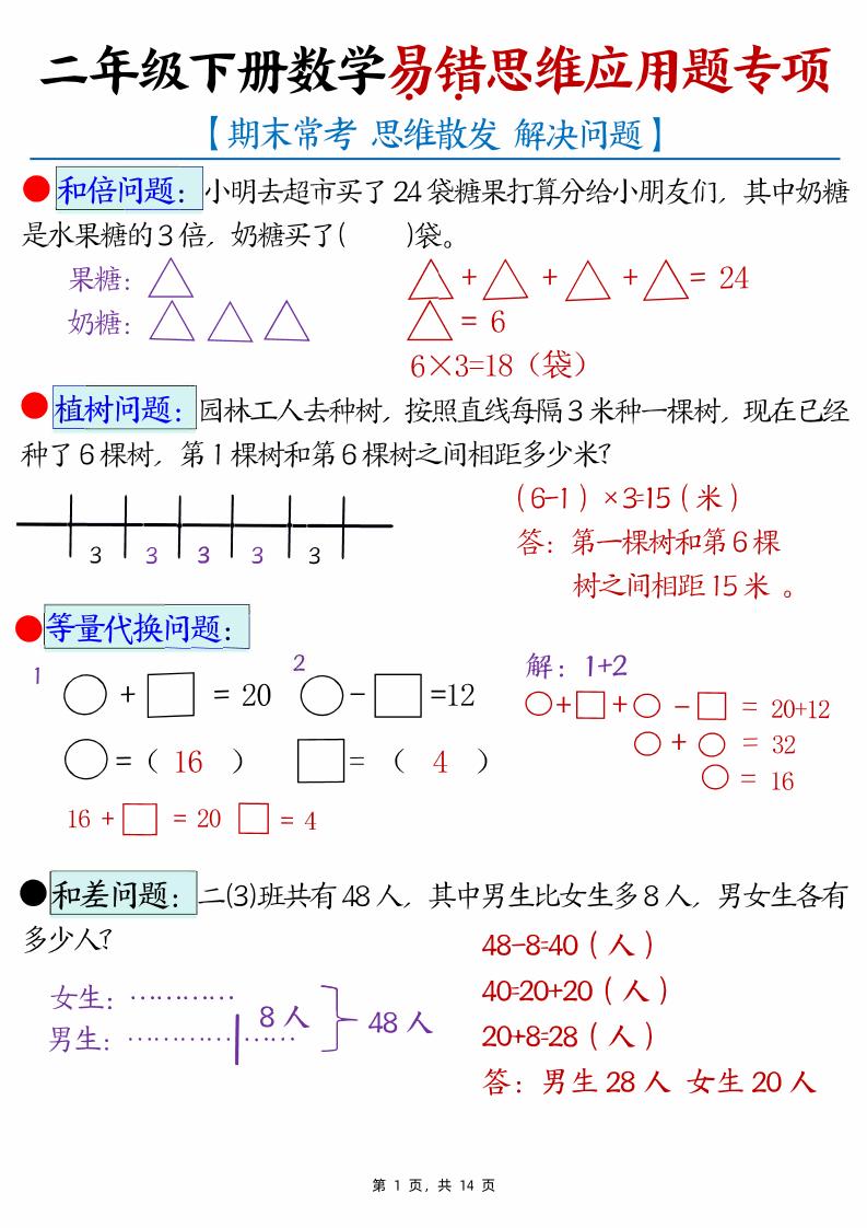 （期末常考30道母题）二年级下册数学易错思维应用题专项（练习题+答案）-悟思笔记，一个低调的学习营。