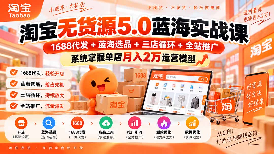 淘宝无货源5.0蓝海实战课-更新：1688代发+蓝海选品+三店循环+全站推广，系统掌握单店月入2万运营模型-悟思笔记，一个低调的学习营。