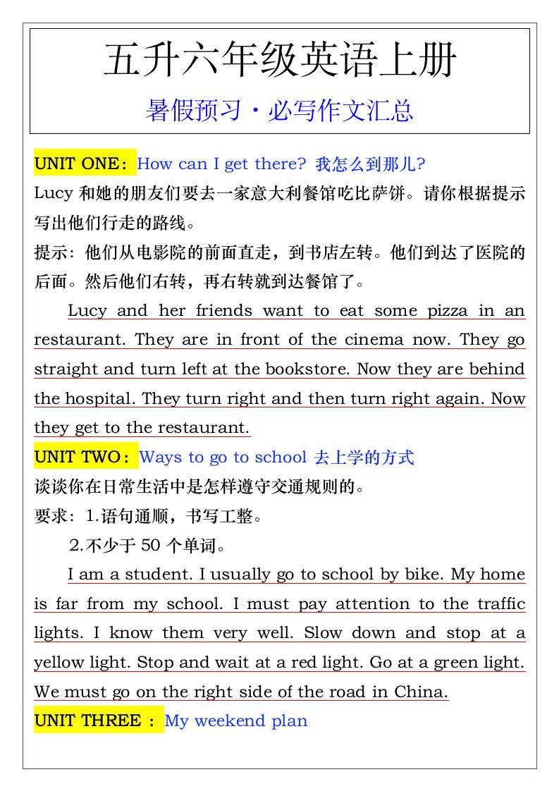五升六年级英语上册暑假预习·必写作文汇总-六上英语-悟思笔记，一个低调的学习营。