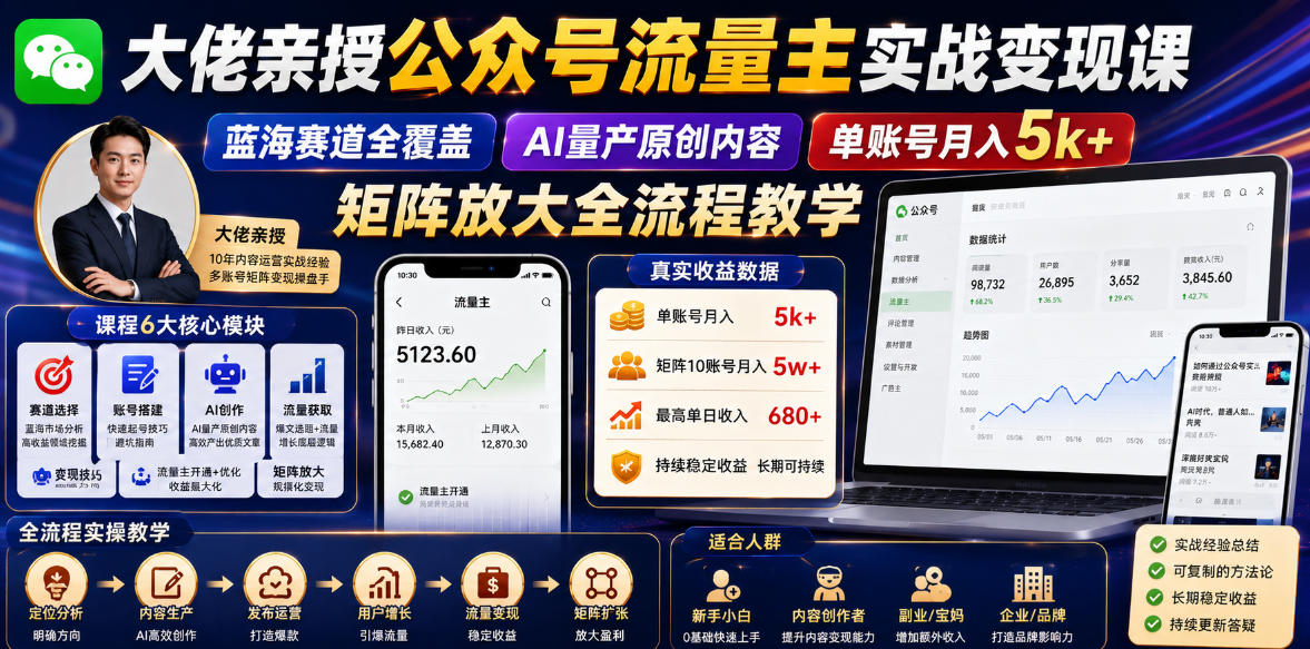 大佬亲授公众号流量主实战变现课，蓝海赛道全覆盖，AI量产原创内容，单账号月入5k+矩阵放大全流程教学-悟思笔记，一个低调的学习营。