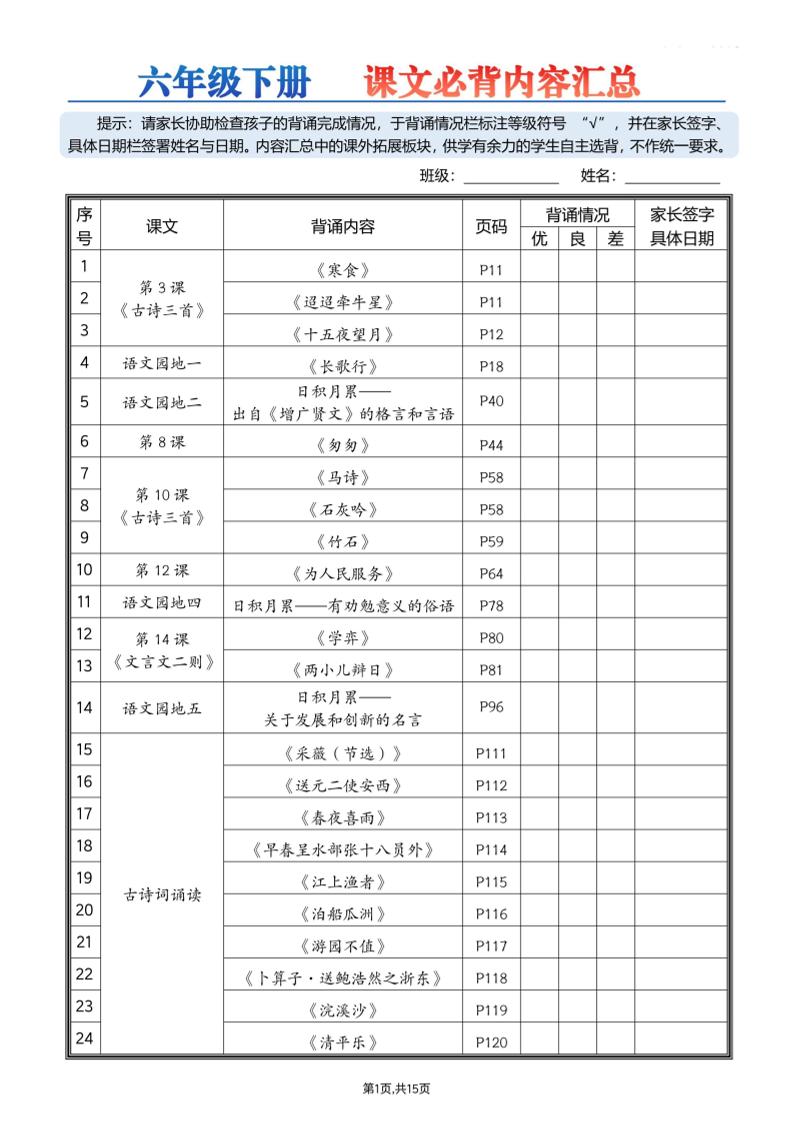 26春六下语文课文必背内容汇总15页-悟思笔记，一个低调的学习营。