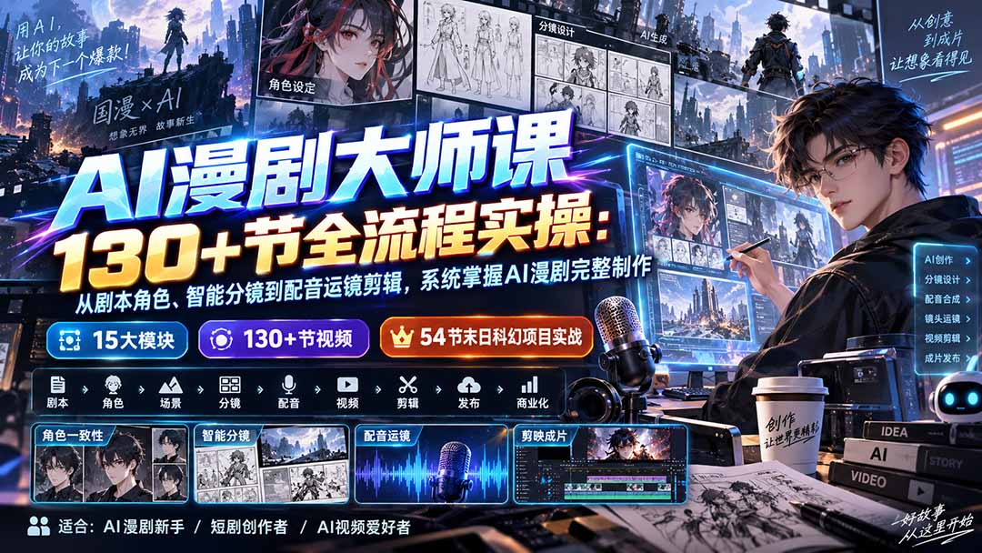 AI漫剧大师课130+节全流程实操：从剧本角色、智能分镜到配音运镜剪辑，系统掌握AI漫剧完整制作-悟思笔记，一个低调的学习营。