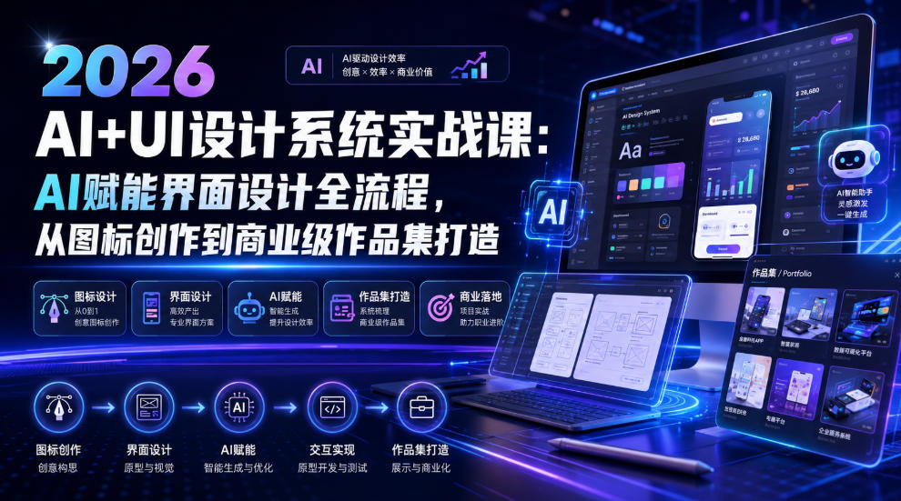 2026 AI+UI设计系统实战课：AI赋能界面设计全流程，从图标创作到商业级作品集打造-悟思笔记，一个低调的学习营。