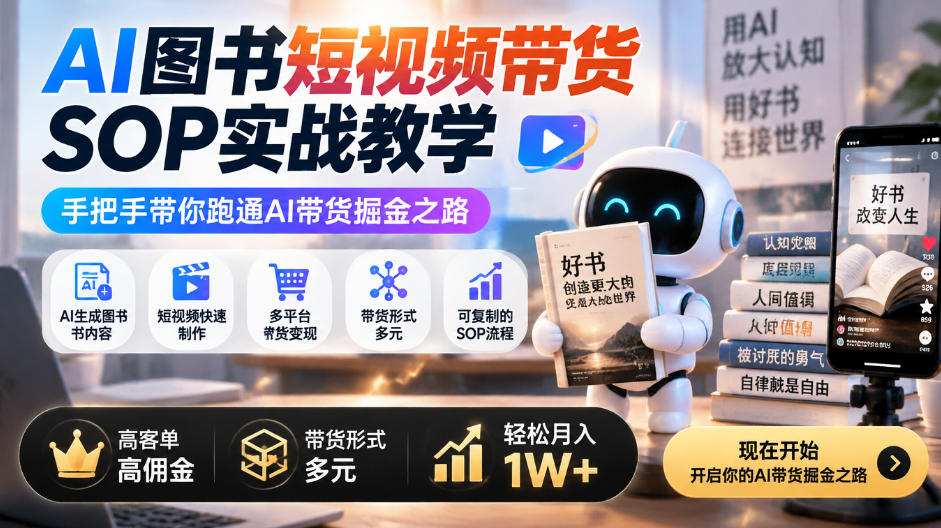 AI图书短视频带货SOP实战教学，手把手带你跑通AI带货掘金之路，高客单高佣金，带货形式多元，轻松月入1W+-悟思笔记，一个低调的学习营。