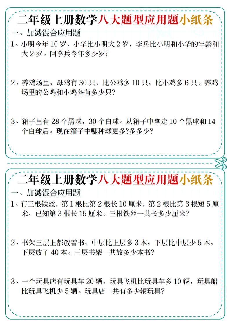 二年级上数学八大题型应用题小纸条-悟思笔记，一个低调的学习营。