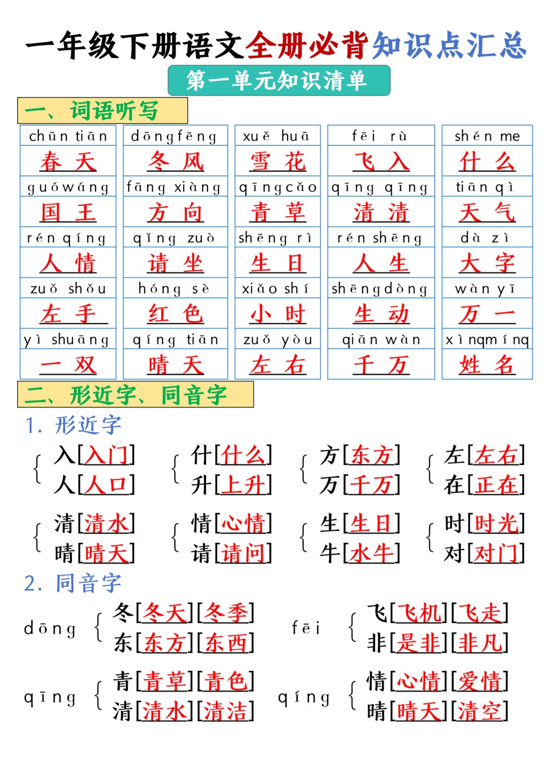 25春一年级下册语文全册必背知识点汇总-悟思笔记，一个低调的学习营。