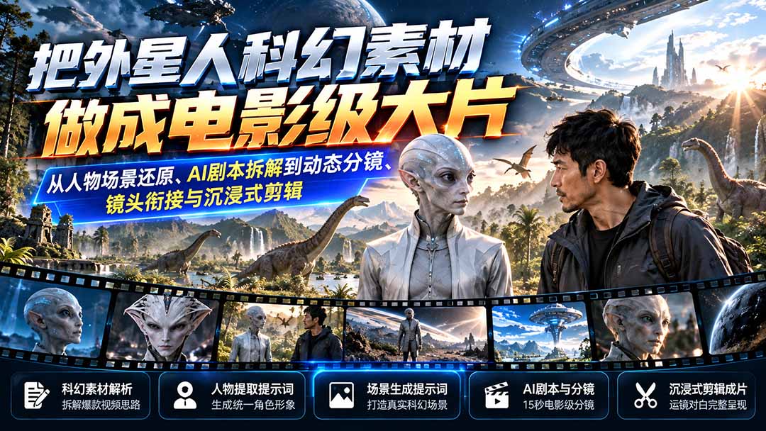 把外星人科幻素材做成电影级大片：从人物场景还原、AI剧本拆解到动态分镜、镜头衔接与沉浸式剪辑-悟思笔记，一个低调的学习营。