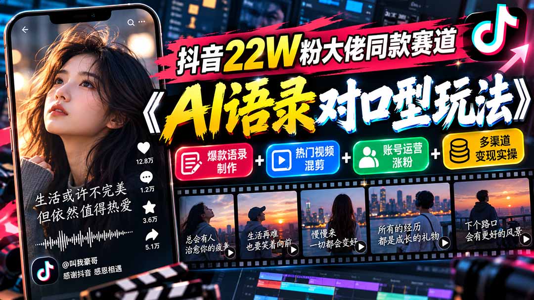 抖音22W粉大佬同款赛道《AI语录对口型玩法》：爆款语录制作+热门视频混剪+账号运营涨粉+多渠道变现实操-悟思笔记，一个低调的学习营。