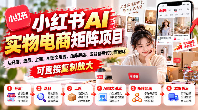 小红书AI实物电商矩阵项目，从开店、选品、上架、AI图文引流、矩阵起店、发货售后的完整闭环，可直接复制放大-悟思笔记，一个低调的学习营。