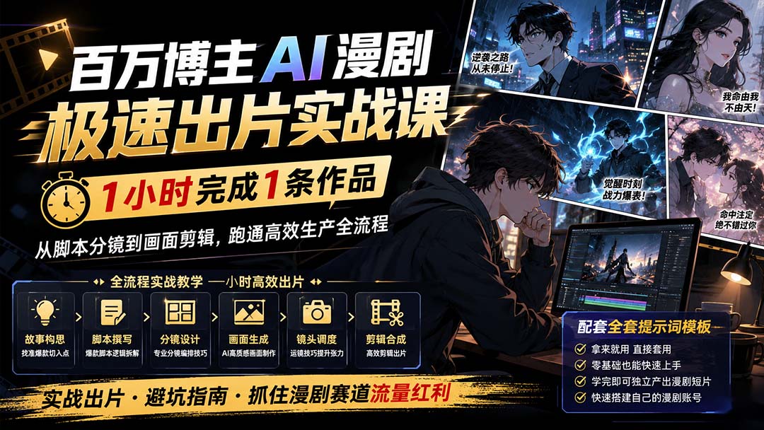 百万博主AI漫剧极速出片实战课：1小时产出条作品，从脚本分镜到画面剪辑，跑通高效生产全流程-悟思笔记，一个低调的学习营。