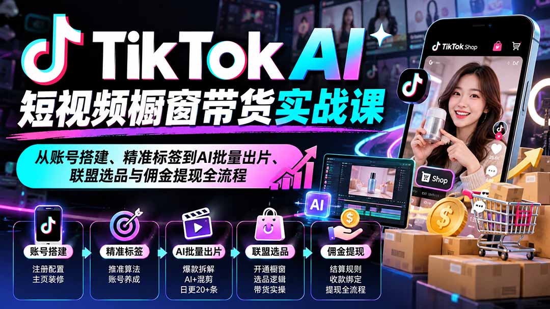TikTok AI短视频橱窗带货实战课：从账号搭建、精准标签到AI批量出片、联盟选品与佣金提现全流程-悟思笔记，一个低调的学习营。