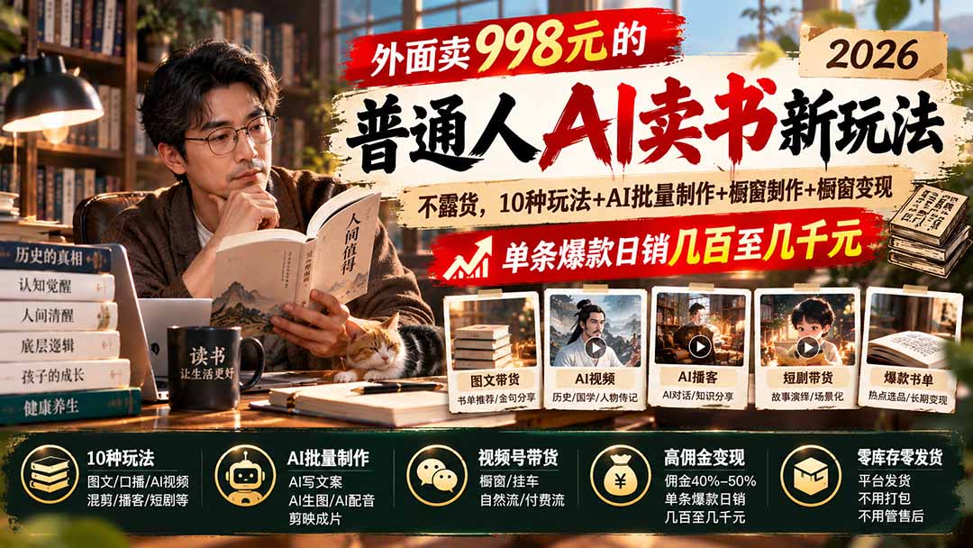 外面卖998元的2026普通人AI卖书新玩法：不露脸、不囤货，10种玩法+AI批量制作+橱窗变现，单条爆款日销几百至几千元-悟思笔记，一个低调的学习营。