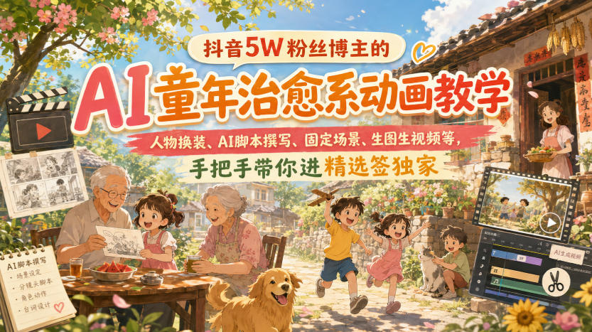抖音5W粉丝博主的AI童年治愈系动画教学，人物换装、AI脚本撰写、固定场景、生图生视频等，手把手带你进精选签独家-悟思笔记，一个低调的学习营。