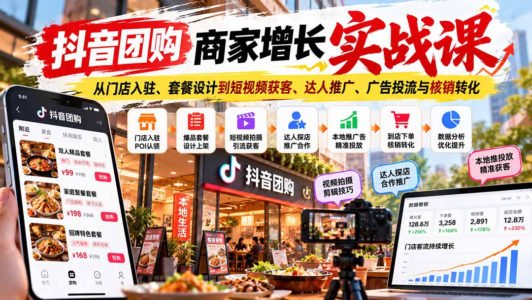 抖音团购商家增长实战课：从门店入驻、套餐设计到短视频获客、达人推广、广告投流与核销转化-悟思笔记，一个低调的学习营。