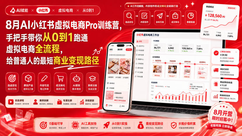 8月AI小红书虚拟电商Pro训练营，手把手带你从0到1跑通虚拟电商全流程，给普通人的最短商业变现路径(更新0827)-悟思笔记，一个低调的学习营。