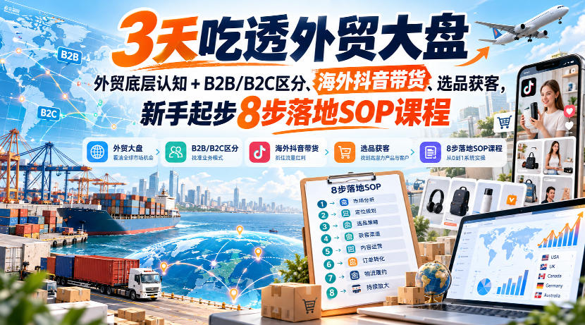 3天吃透外贸大盘，外贸底层认知+B2B/B2C区分、海外抖音带货、选品获客，新手起步8步落地SOP课程-悟思笔记，一个低调的学习营。