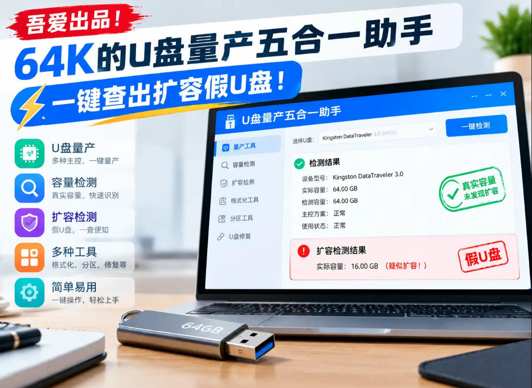 吾爱出品！64K的U盘量产五合一助手，一键查出扩容假U盘！-悟思笔记，一个低调的学习营。