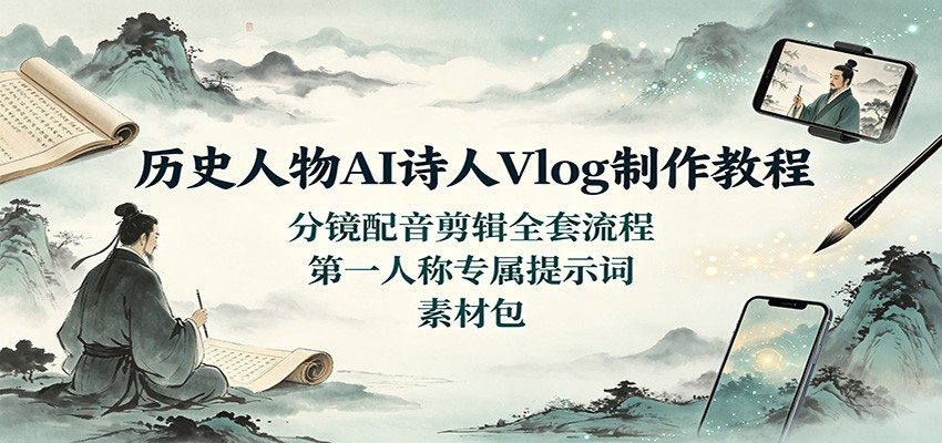 历史人物AI诗人Vlog制作教程：分镜配音剪辑全套流程，第一人称专属提示词素材包-悟思笔记，一个低调的学习营。