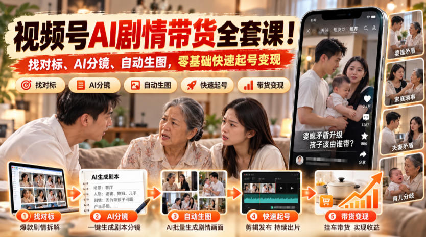 视频号AI剧情带货全套课！找对标、AI分镜、自动生图，零基础快速起号变现-悟思笔记，一个低调的学习营。