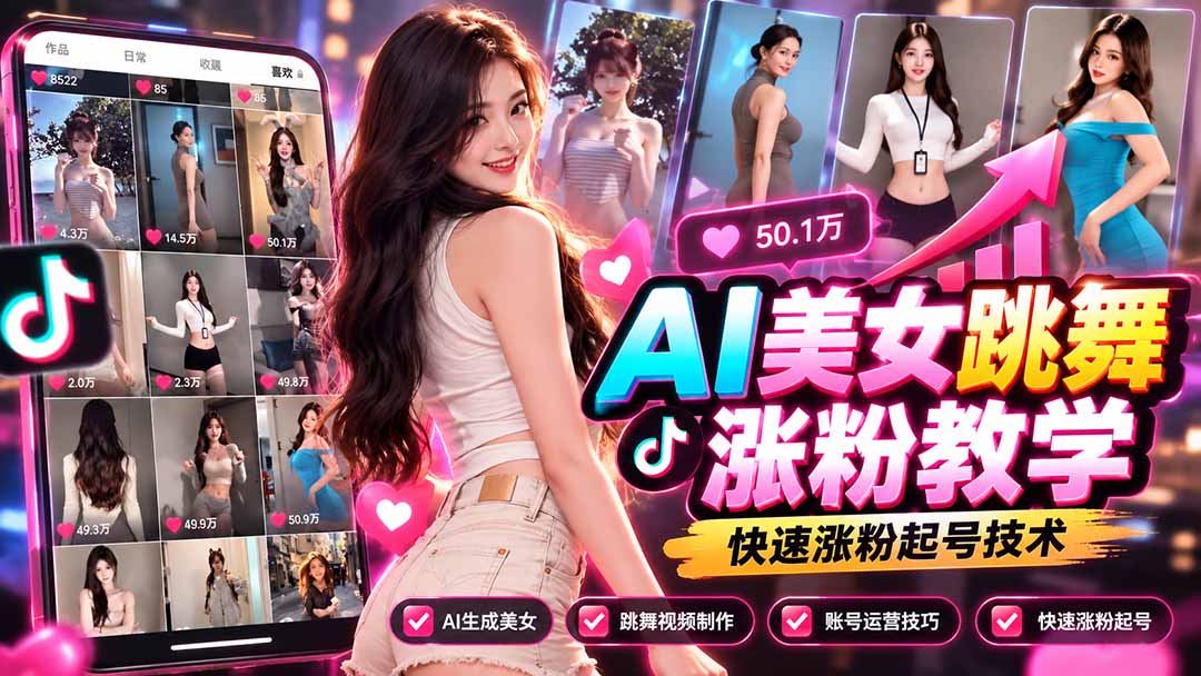AI美女跳舞涨粉教学，AI生成美女，跳舞视频制作，账号运营与快速起号涨粉-悟思笔记，一个低调的学习营。