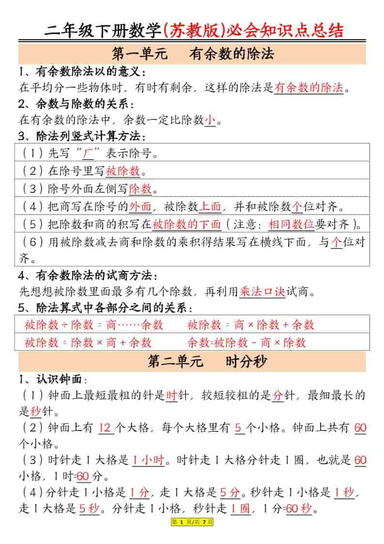 二年级下数学必会知识汇总《苏教版》-悟思笔记，一个低调的学习营。
