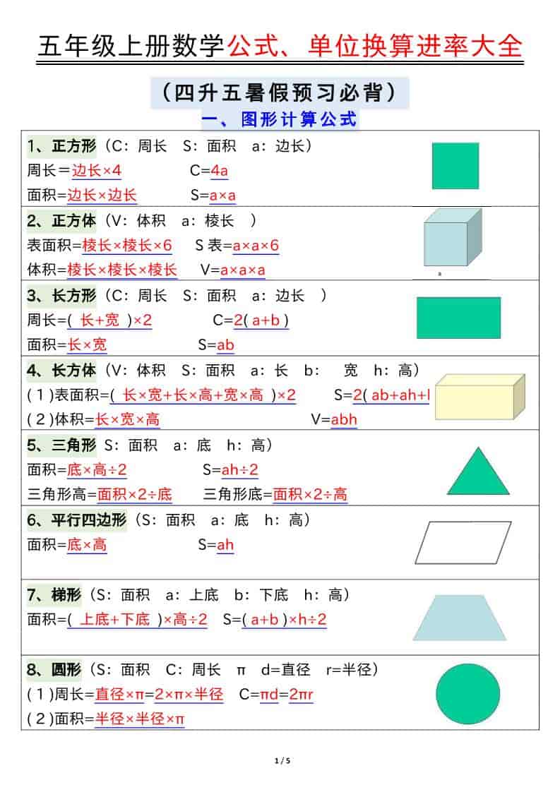 五年级上数学公式、单位换算进率大全-悟思笔记，一个低调的学习营。